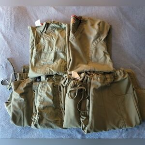 Scrub lot of Olive green, 4 size med scrub pants and 1 med top and 1 large top